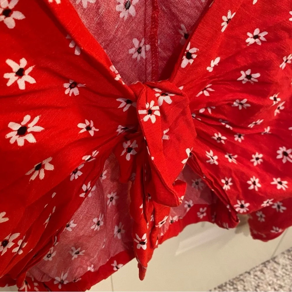 ZARA Red Floral Flowy Crop Top Shirt Tie Front Summer Beach Flirty Size Small - Picture 5 of 7